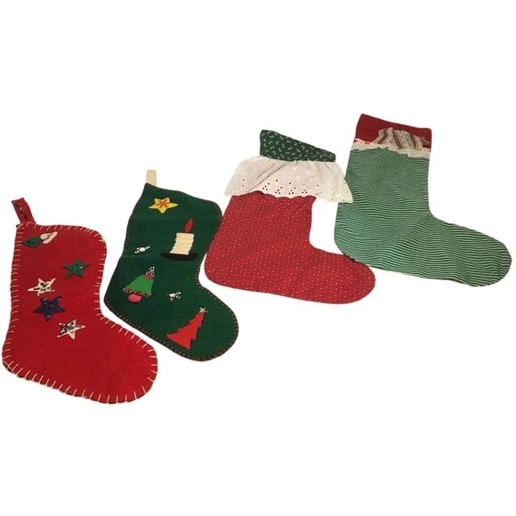 Set Of 4 Handmade Felt & Fabric Christmas Stockings With Decorative Appliqués - Picture 1 of 9